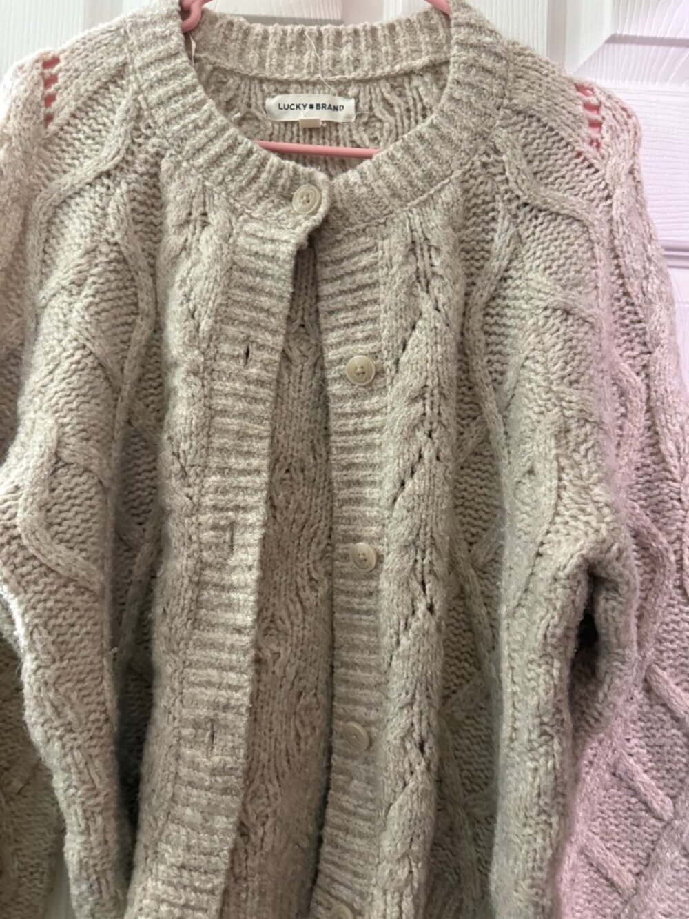 Lucky Brand Chunky Cable Knit Cardigan Sweater Beige Size Medium - Picture 3 of 3